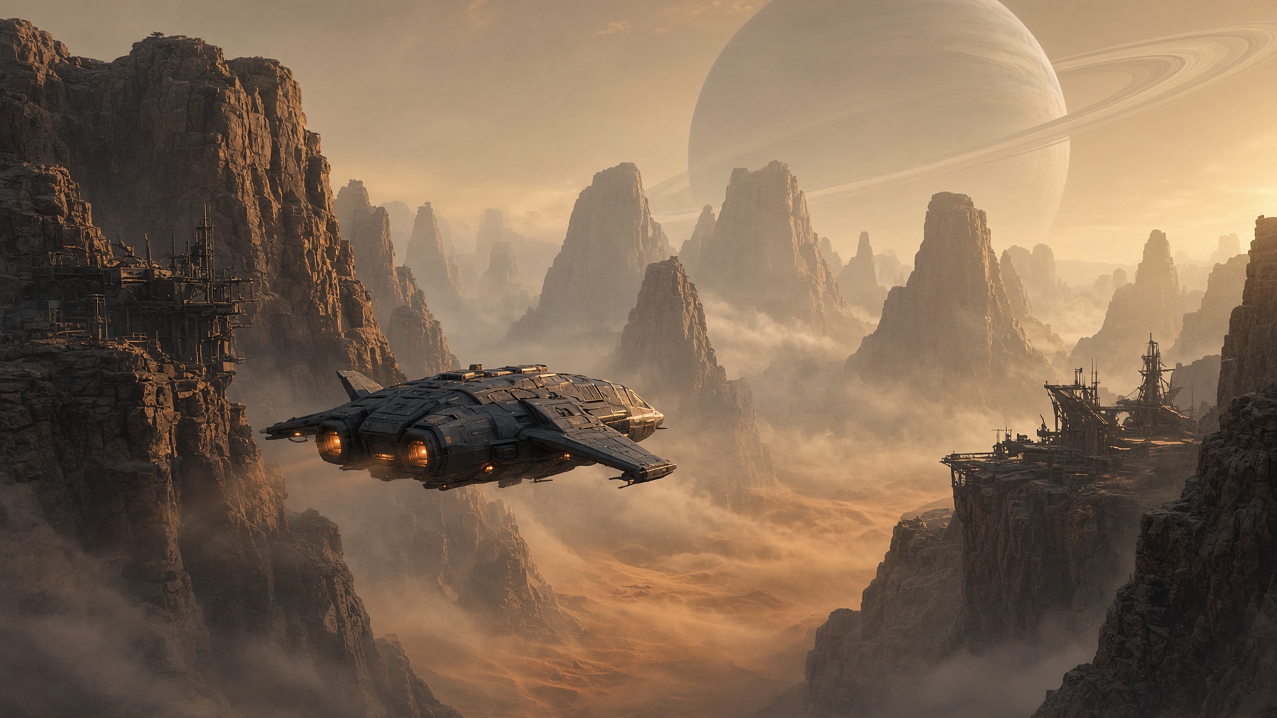 Sci-fi dropship over a foggy alien canyon