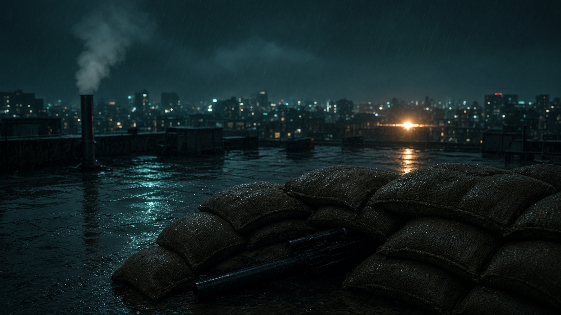 Rainy night rooftop over a city, wet concrete and distant muzzle light