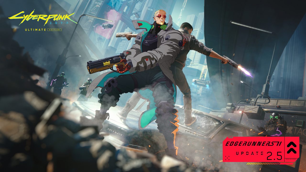 Official Cyberpunk 2077 Update 2.5 key art: two characters dual-wielding pistols on a Night City street, Edgerunners 2 Update 2.5 mark