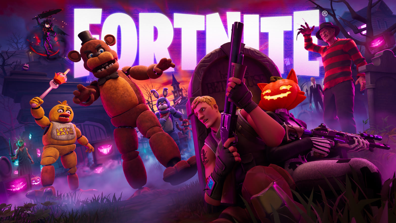 Official Fortnitemares 2026 key art: Freddy Fazbear, Chica, Freddy Krueger, a pumpkin-headed outfit, and a default Fortnite character on a purple night field
