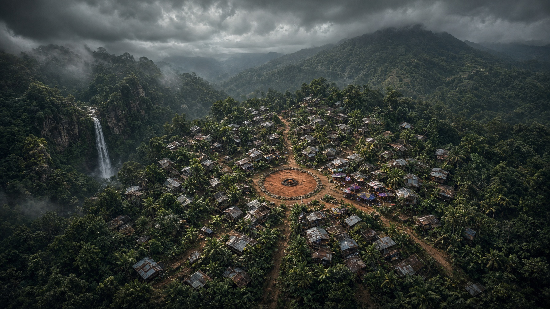 Aerial view of a dense tropical island village