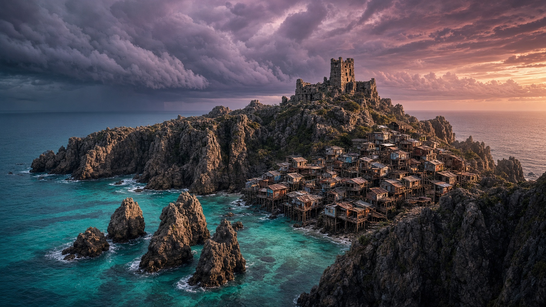 Tropical battle island at dusk with a distant storm wall