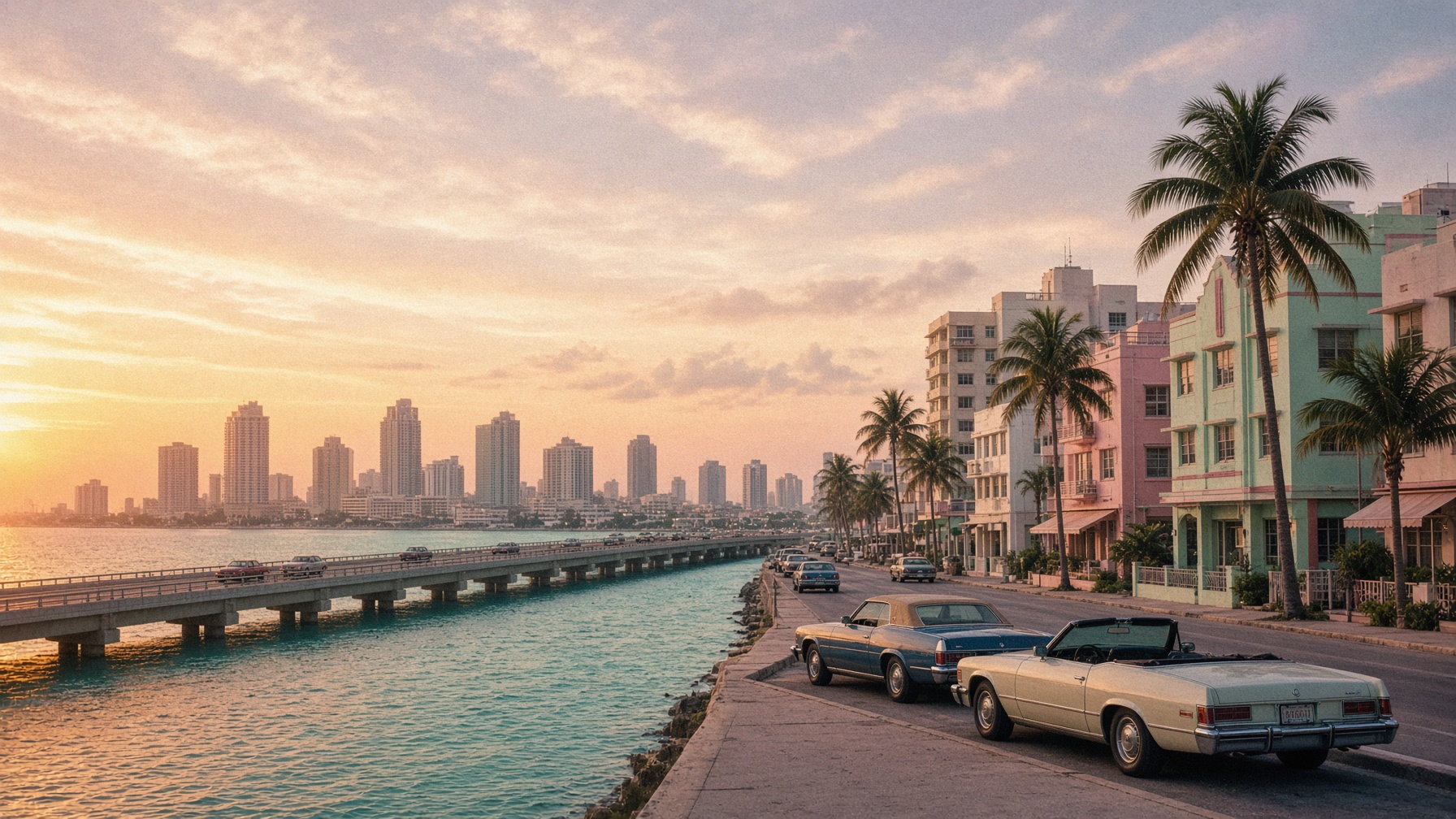 Sunlit coastal city skyline over a causeway at dusk