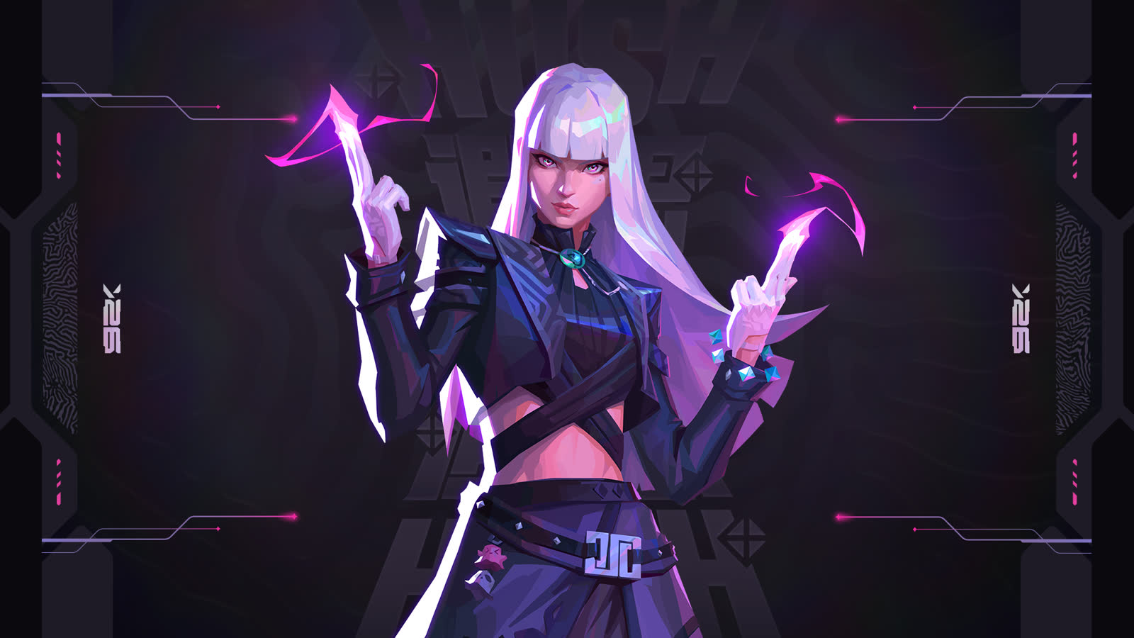 Official VALORANT key art of Hush, white-haired Duelist with pink telekinetic sparks
