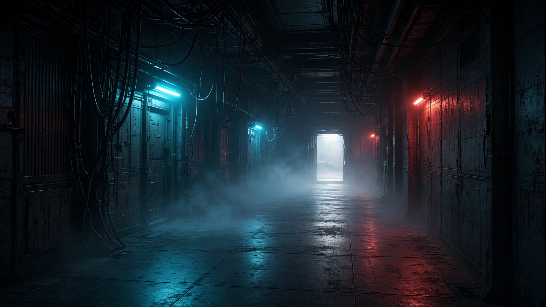 Neon-lit industrial corridor in a tactical facility